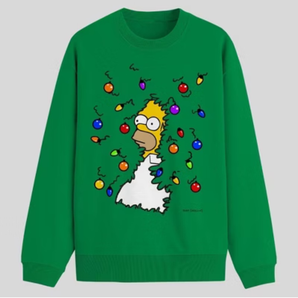 The Simpsons - Homer Simpson Bushes Holiday Crewneck Fleece Sweatshirt Green NWT